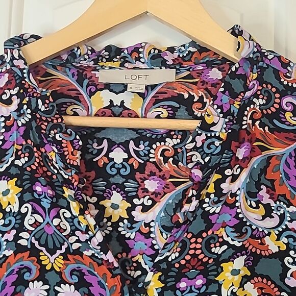LOFT Floral Button Front Tiered Multicolor Floral Long Sleeve Dress Size XL - Picture 3 of 13